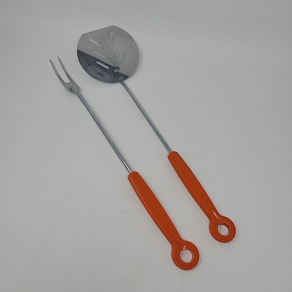 Vintage EKCO USA BBQ Fork + Spatula w/Orange Plastic Handle, Chromium Plated 16"